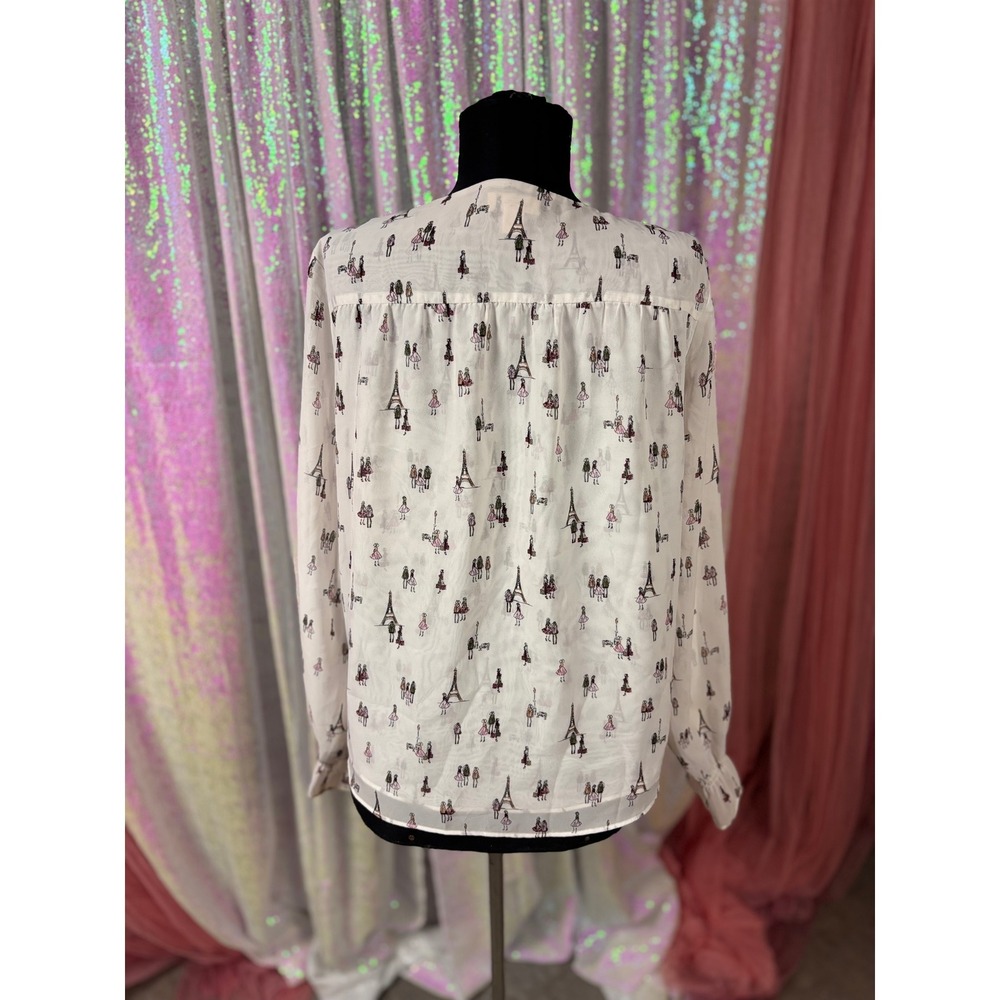 Maison Jules Womens White Eiffel Tower Paris Print V-Neck Blouse Size Medium - Picture 2 of 3